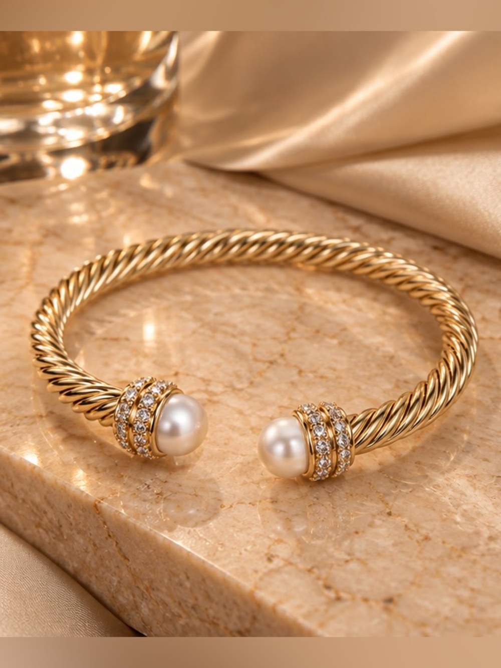 Gold-Tone Cable Cuff Bracelet with Pearl & Crystal Accents